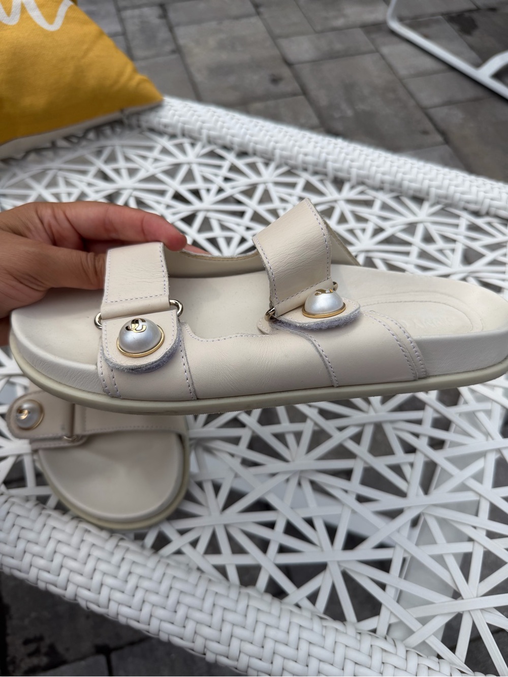 Jimmy Choo Ivory Leather Slide Sandals with Gold-Tone Hardware - Picture 6 of 8